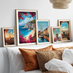 Kefalonia Travel Print Greece displayed among various travel posters in a stylish home decor setting.