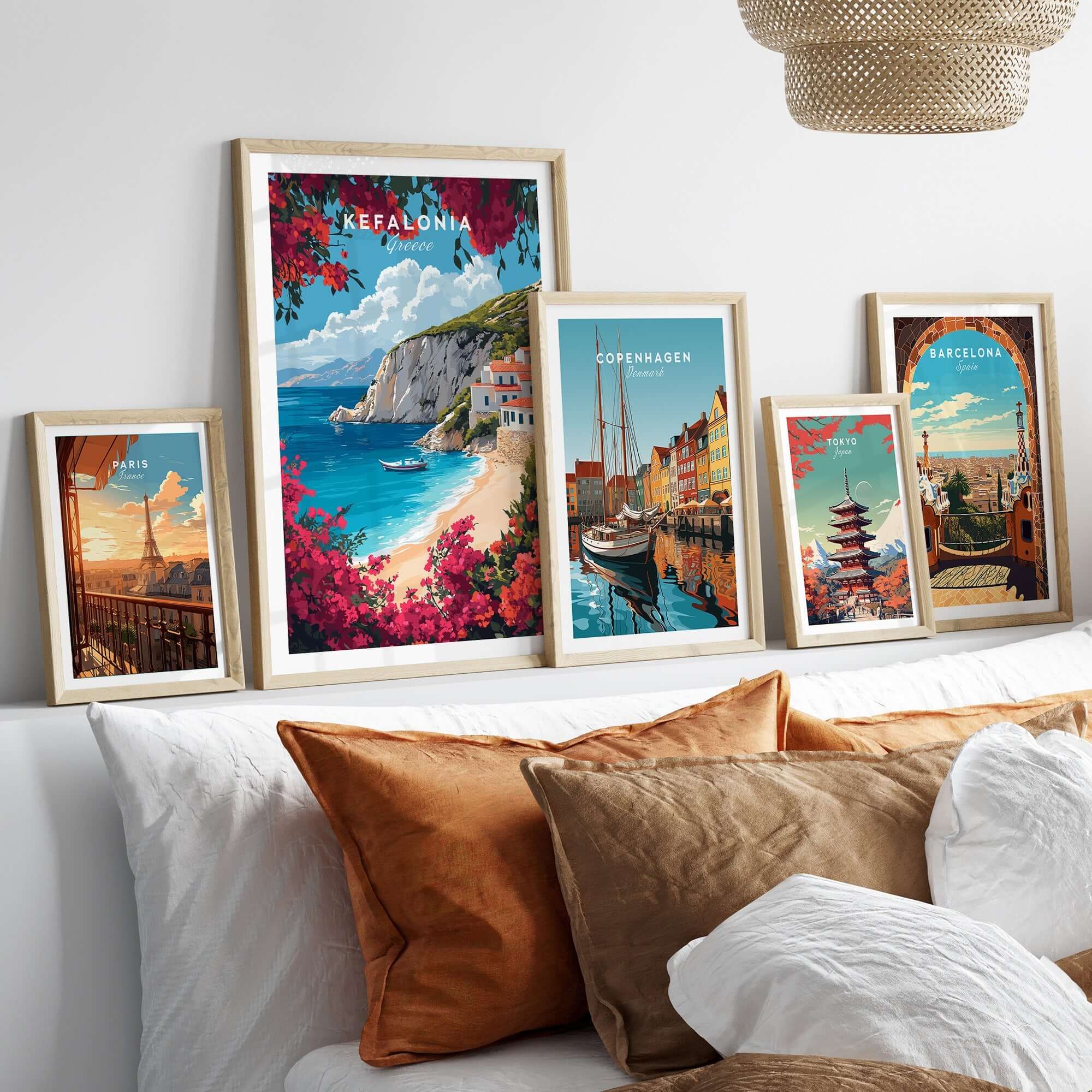 Kefalonia Travel Print Greece displayed among various travel posters in a stylish home decor setting.