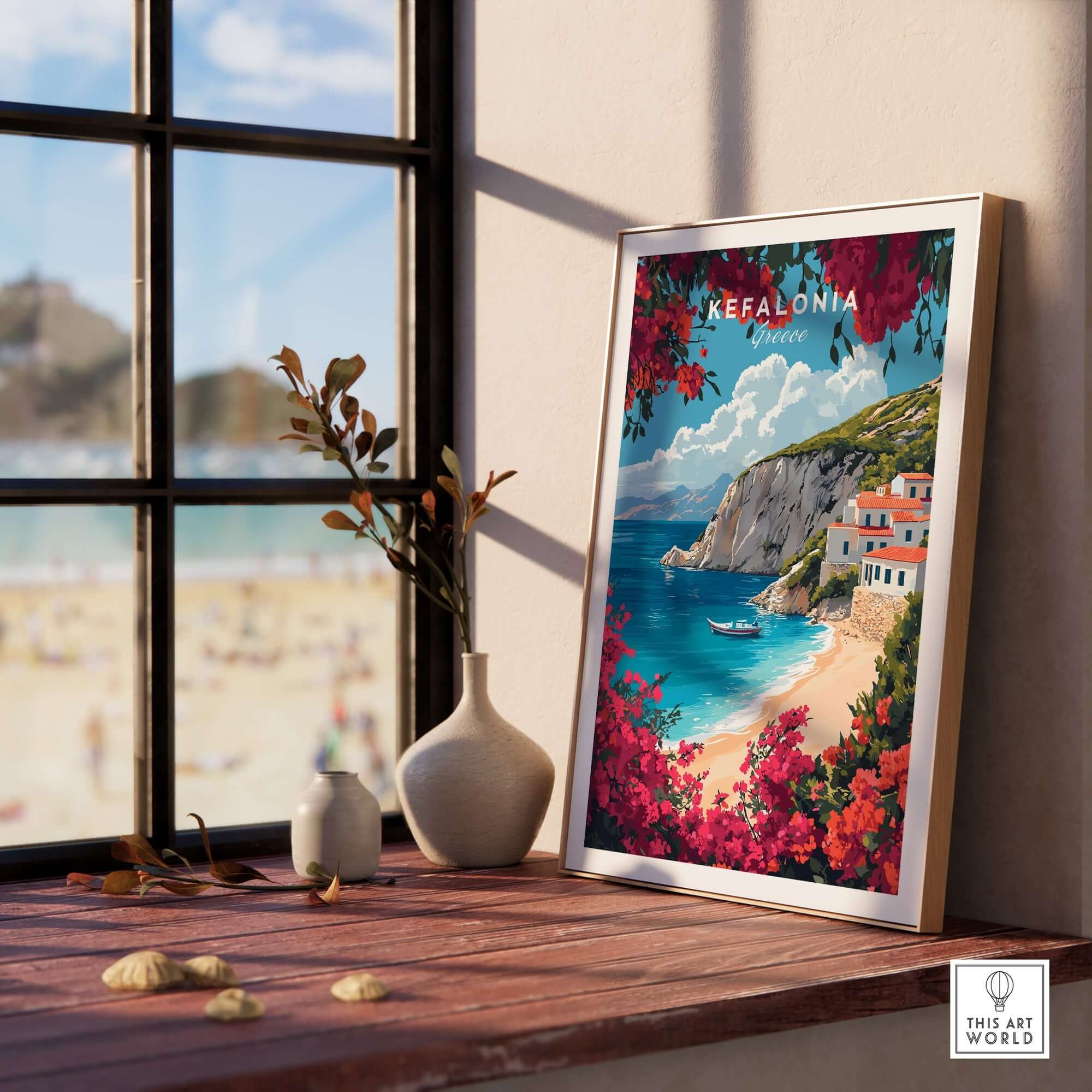 Kefalonia Travel Print Greece displayed in a beachside setting with vibrant colors and stunning scenery.