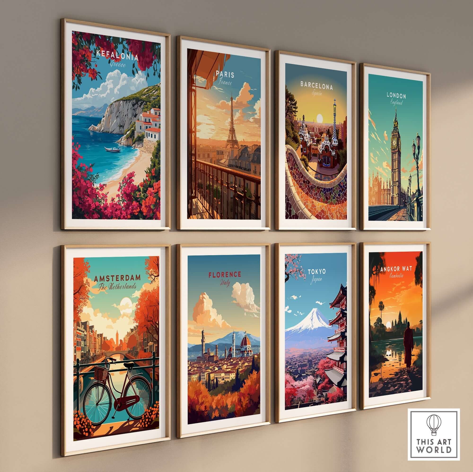 Kefalonia Travel Print Greece displayed among various iconic city posters on a gallery wall.