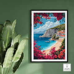 Kefalonia Travel Print Greece showcasing vibrant coastal scenery and floral elements.