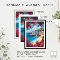 Kefalonia Travel Print Greece framed in handmade wooden frames in natural, white, and black finishes.