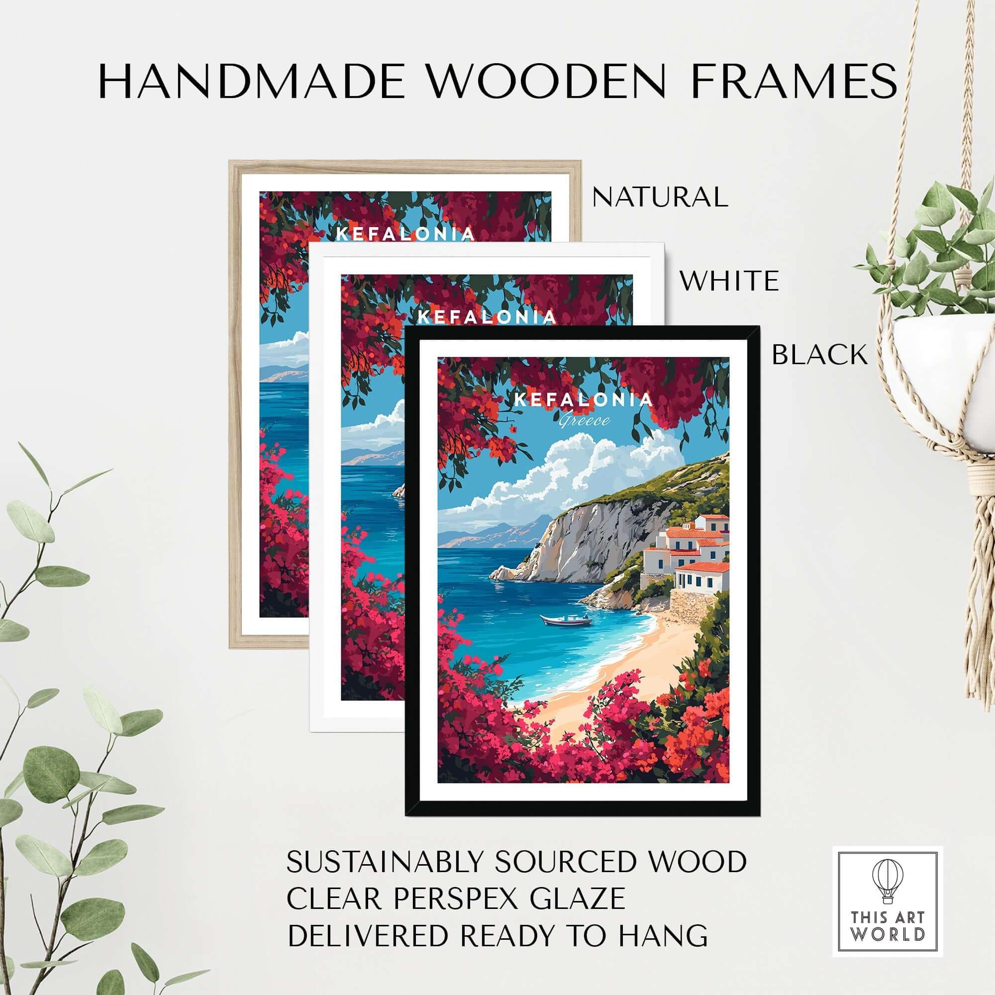 Kefalonia Travel Print Greece framed in handmade wooden frames in natural, white, and black finishes.
