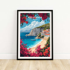 Kefalonia Travel Print Greece showcasing the beautiful coastline and vibrant flowers of the Greek island.