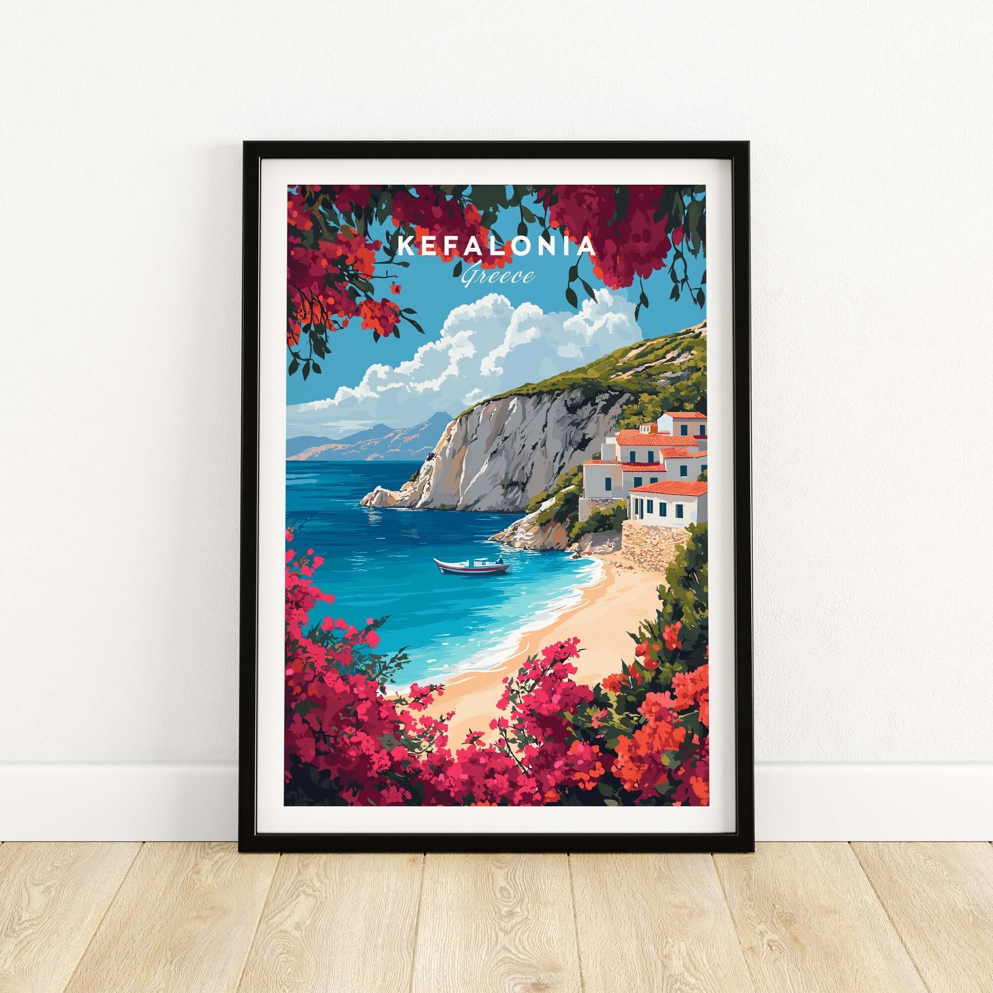 Kefalonia Travel Print Greece showcasing the beautiful coastline and vibrant flowers of the Greek island.