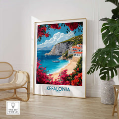 Kefalonia Wall Art featuring a vibrant beach scene with flowers, perfect for home decor inspired by Greece.