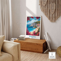 Kefalonia Wall Art displayed in a cozy living room, showcasing beautiful beach scene inspiration from Greece.