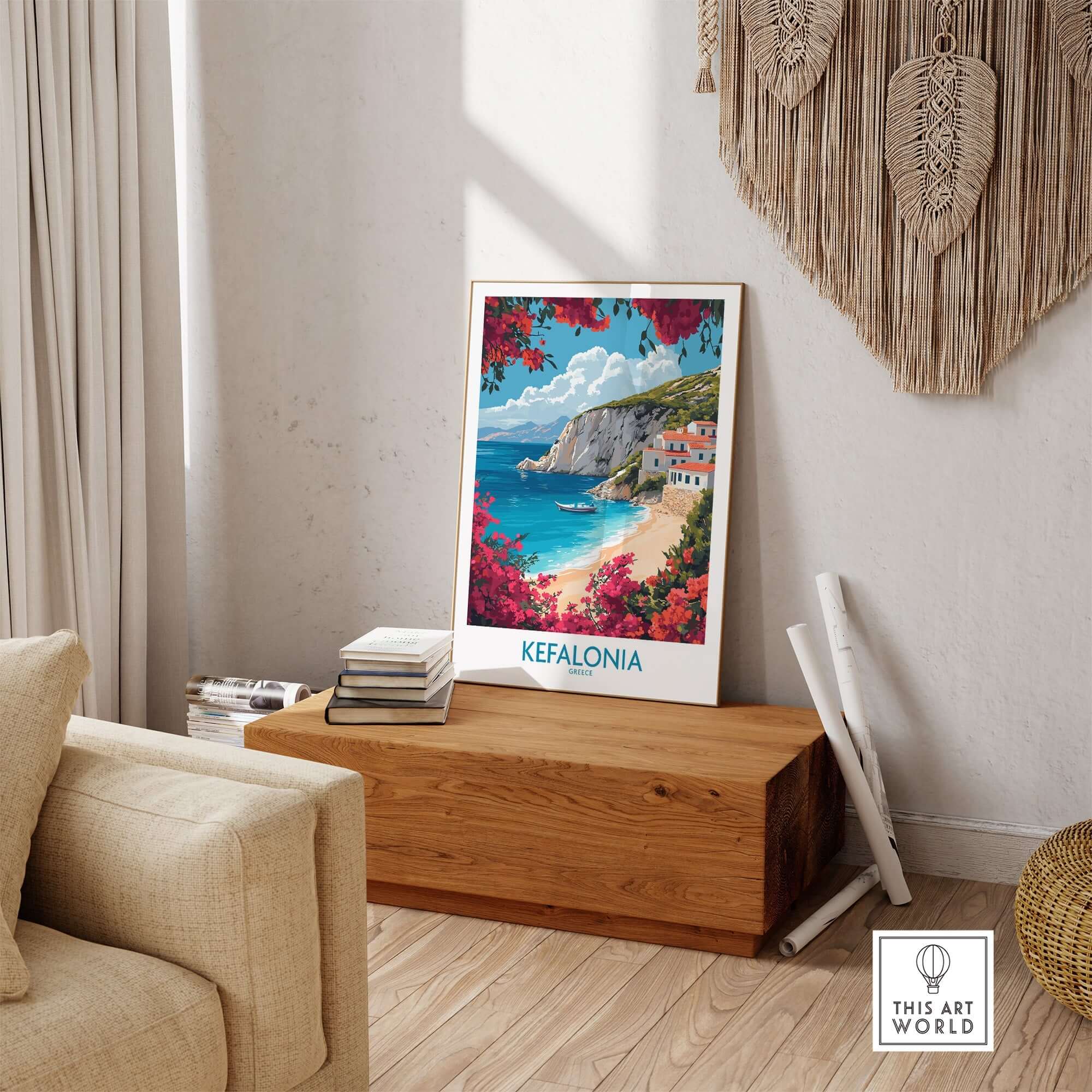 Kefalonia Wall Art displayed in a cozy living room, showcasing beautiful beach scene inspiration from Greece.
