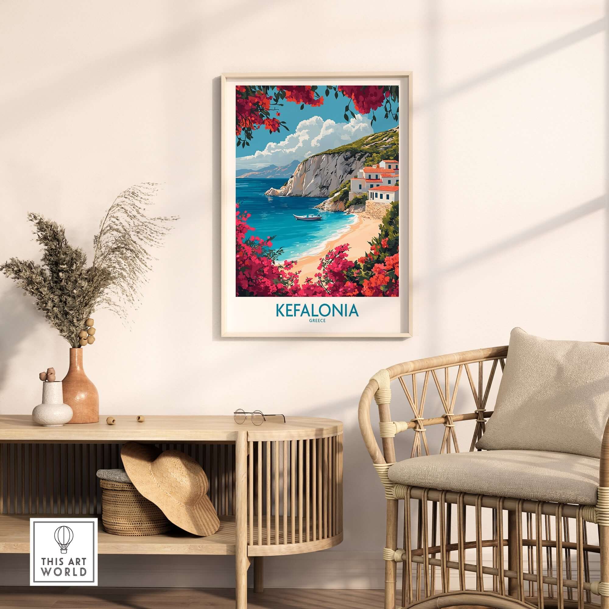 Kefalonia Wall Art showcasing a vibrant beach scene, perfect for transforming your home decor with calming vibes.