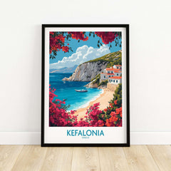 Kefalonia Wall Art featuring a vibrant beach scene with colorful flowers and a blue sea.