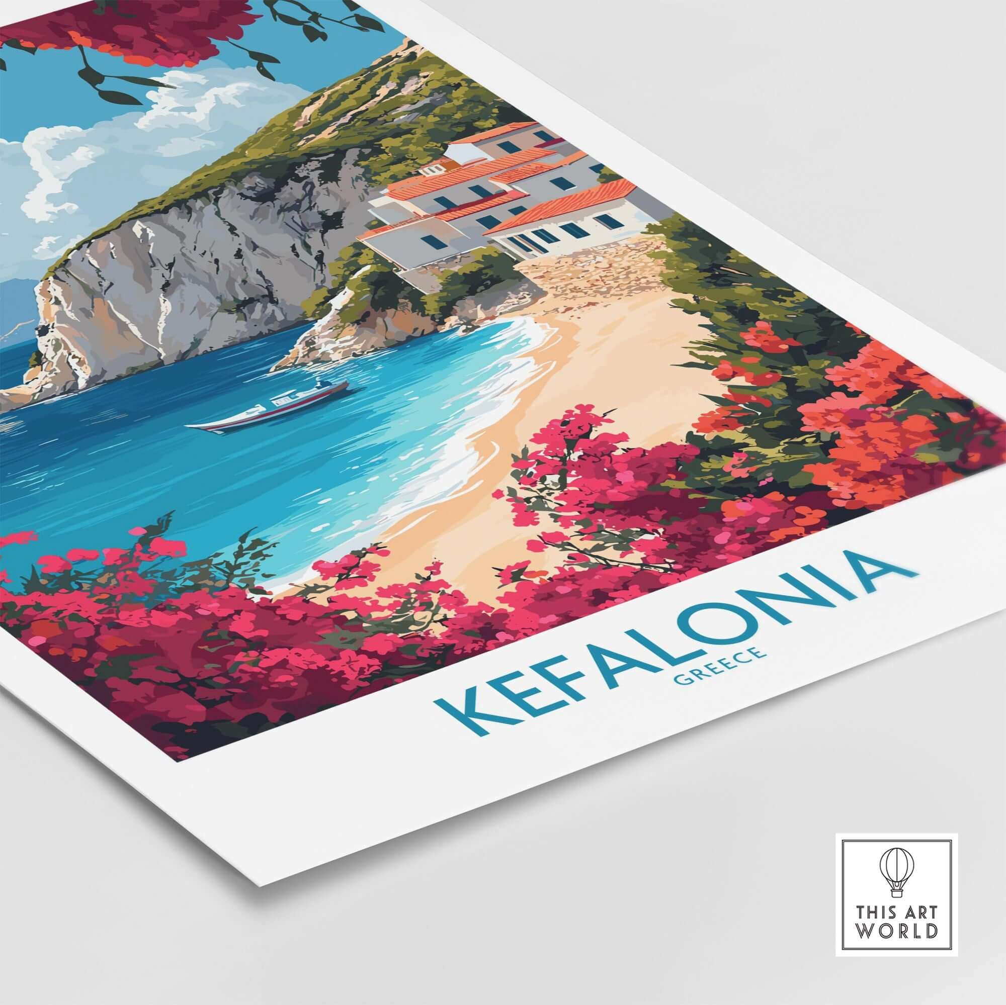 Kefalonia Wall Art featuring a vibrant beach scene with flowers, capturing the essence of Greece.