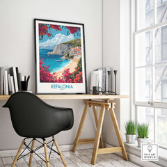 Kefalonia Wall Art showcasing a beautiful beach scene in a modern workspace.