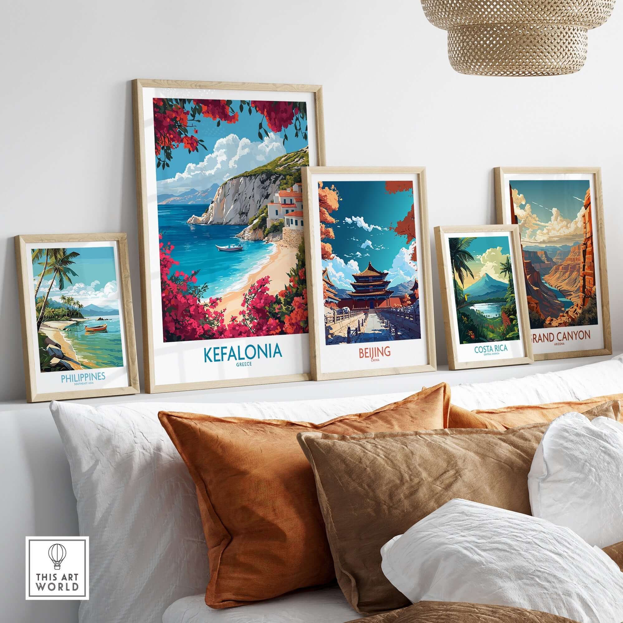 Kefalonia Wall Art displayed among other travel prints on a stylish shelf.
