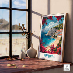 Kefalonia Wall Art displayed on a wooden table near a window, showcasing a vibrant beach scene from Kefalonia.