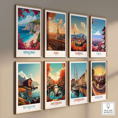 Kefalonia Wall Art collection featuring stunning travel prints of various cities including Paris, Florence, and Amsterdam.
