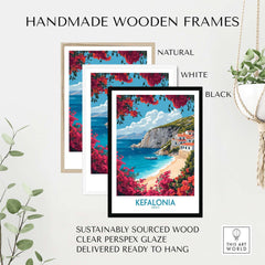 Kefalonia Wall Art framed in handmade wooden frames, showcasing beautiful beach scene from Greece.