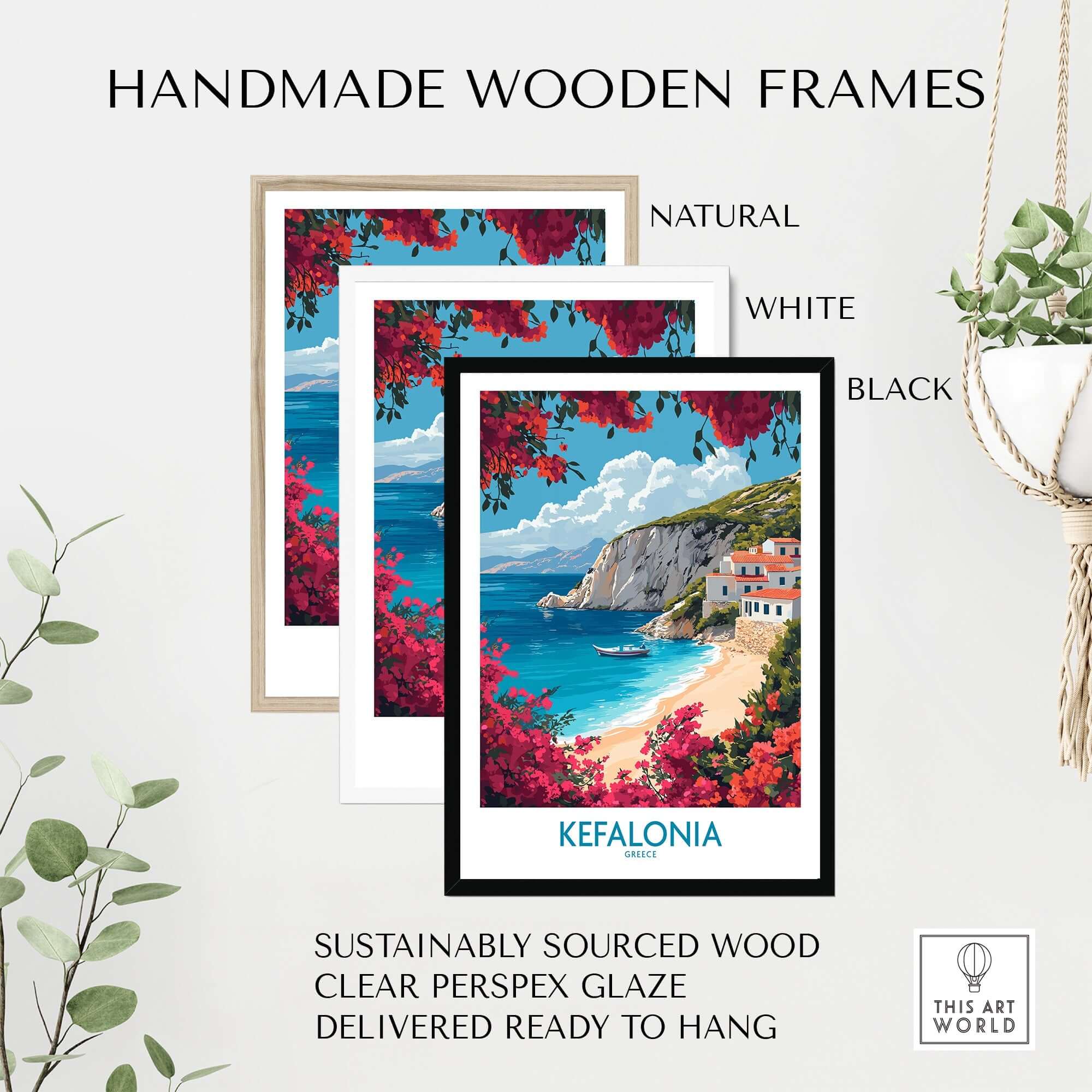 Kefalonia Wall Art framed in handmade wooden frames, showcasing beautiful beach scene from Greece.