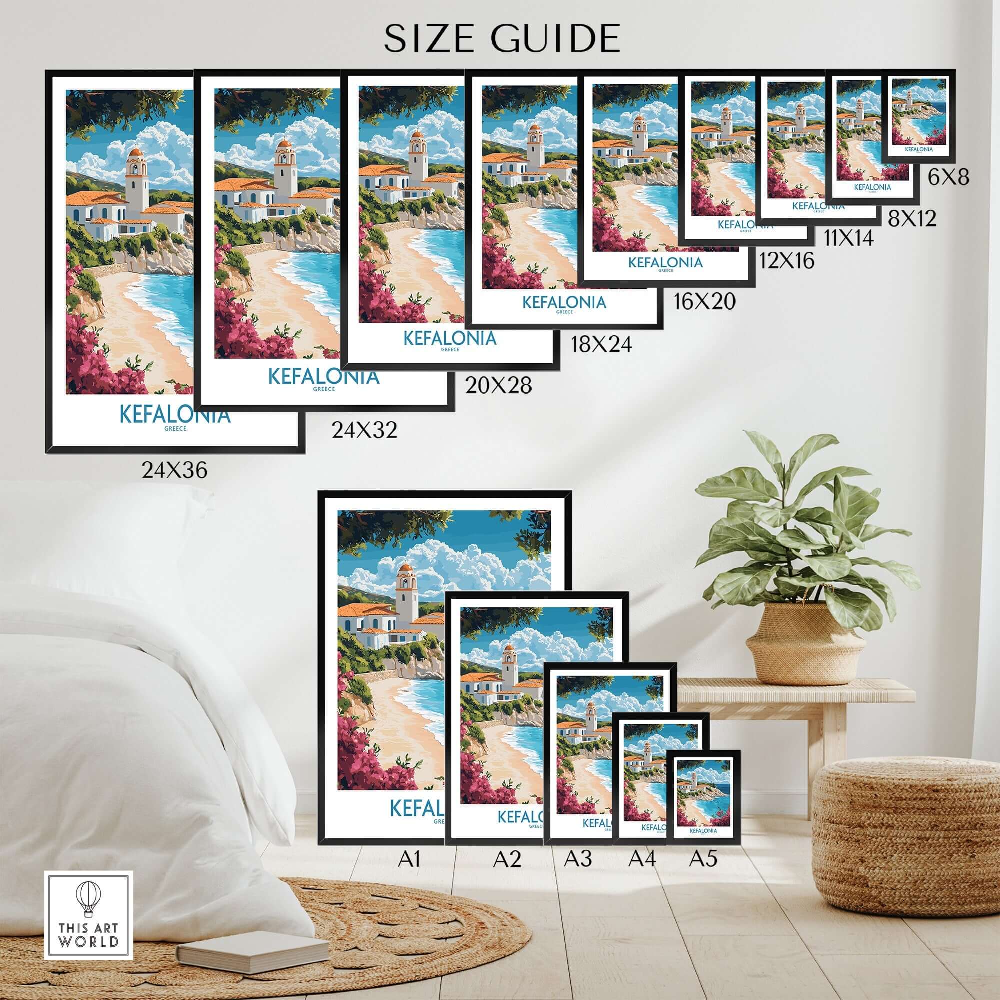 Kefalonia Wall Art Poster size guide showcasing various print sizes and vivid artwork of Kefalonia's beauty.