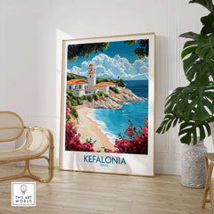 Kefalonia Wall Art Poster showcasing a beautiful Greek seaside scene with vibrant colors and intricate details.