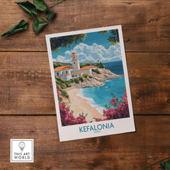 Kefalonia Wall Art Poster showcasing a beautiful beach scene and charming architecture of the Greek island of Kefalonia.