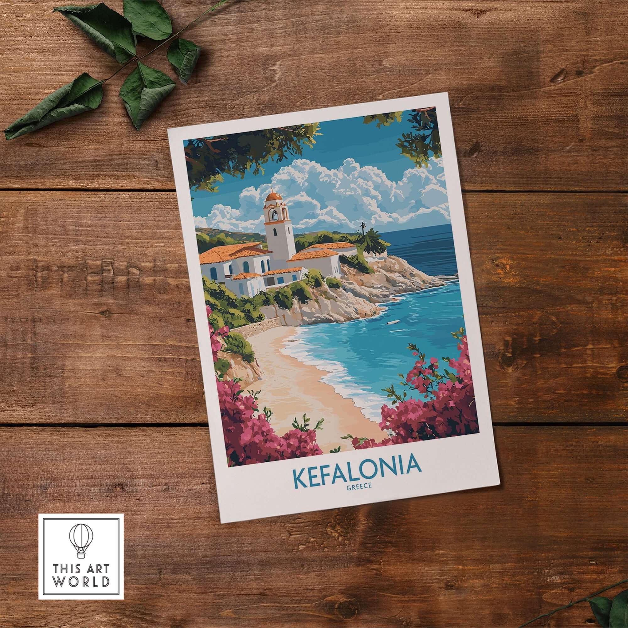 Kefalonia Wall Art Poster showcasing a beautiful beach scene and charming architecture of the Greek island of Kefalonia.