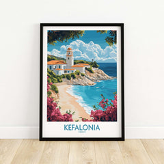 Kefalonia Wall Art Poster depicting a scenic beach view on the Greek island of Kefalonia with vibrant colors.
