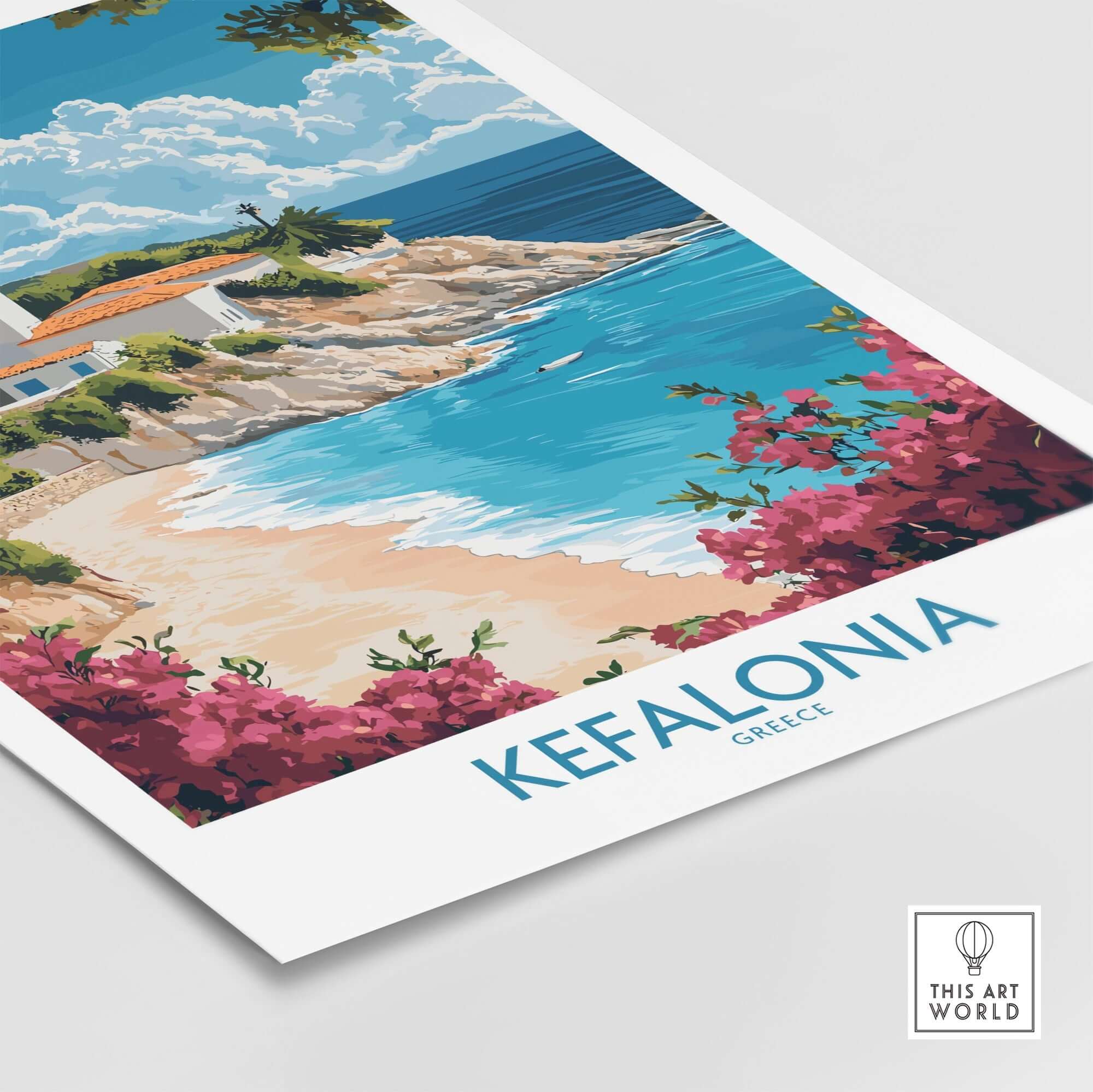 Kefalonia Wall Art Poster featuring a beach scene with vibrant colors and floral details, showcasing the beauty of Kefalonia, Greece.