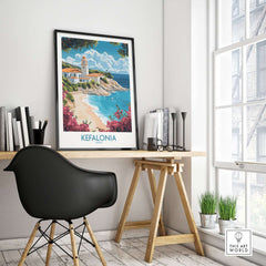 Kefalonia Wall Art Poster displayed in a stylish home office setting, showcasing a stunning view of Kefalonia's coast.