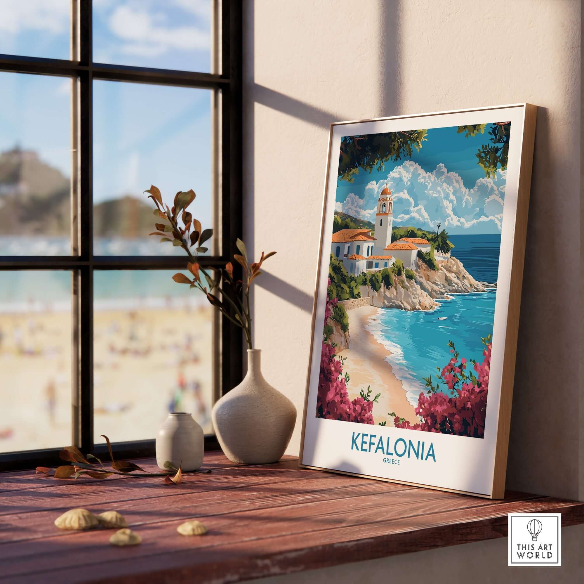 Kefalonia Wall Art Poster showcasing a beautiful coastal scene of Kefalonia, Greece, with vivid colors and intricate details.