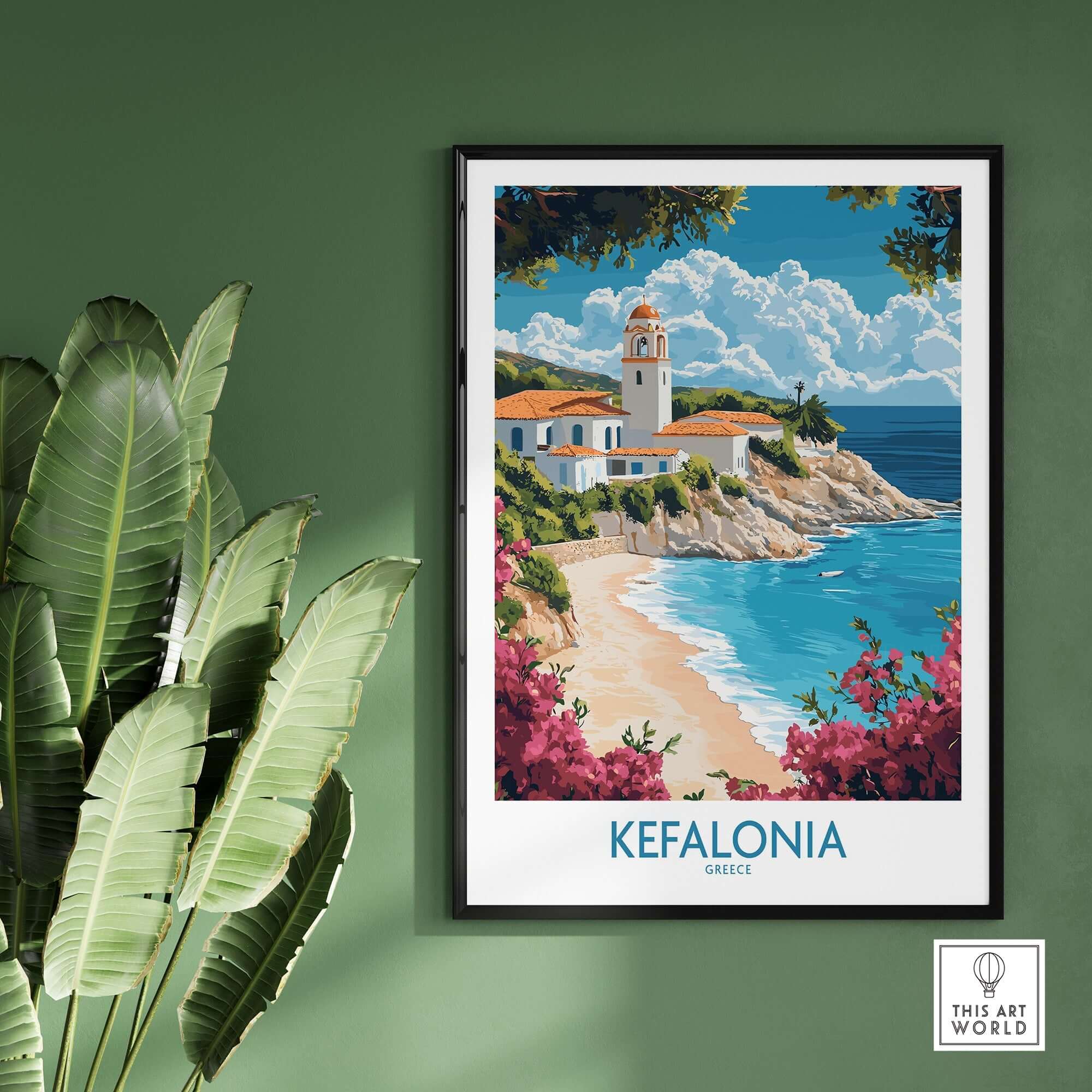 Kefalonia Wall Art Poster featuring a stunning beach scene with vibrant colors and Greek architecture.