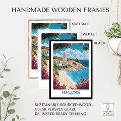Kefalonia Wall Art Poster displayed in natural, white, and black handmade wooden frames showcasing vibrant Mediterranean scenery.