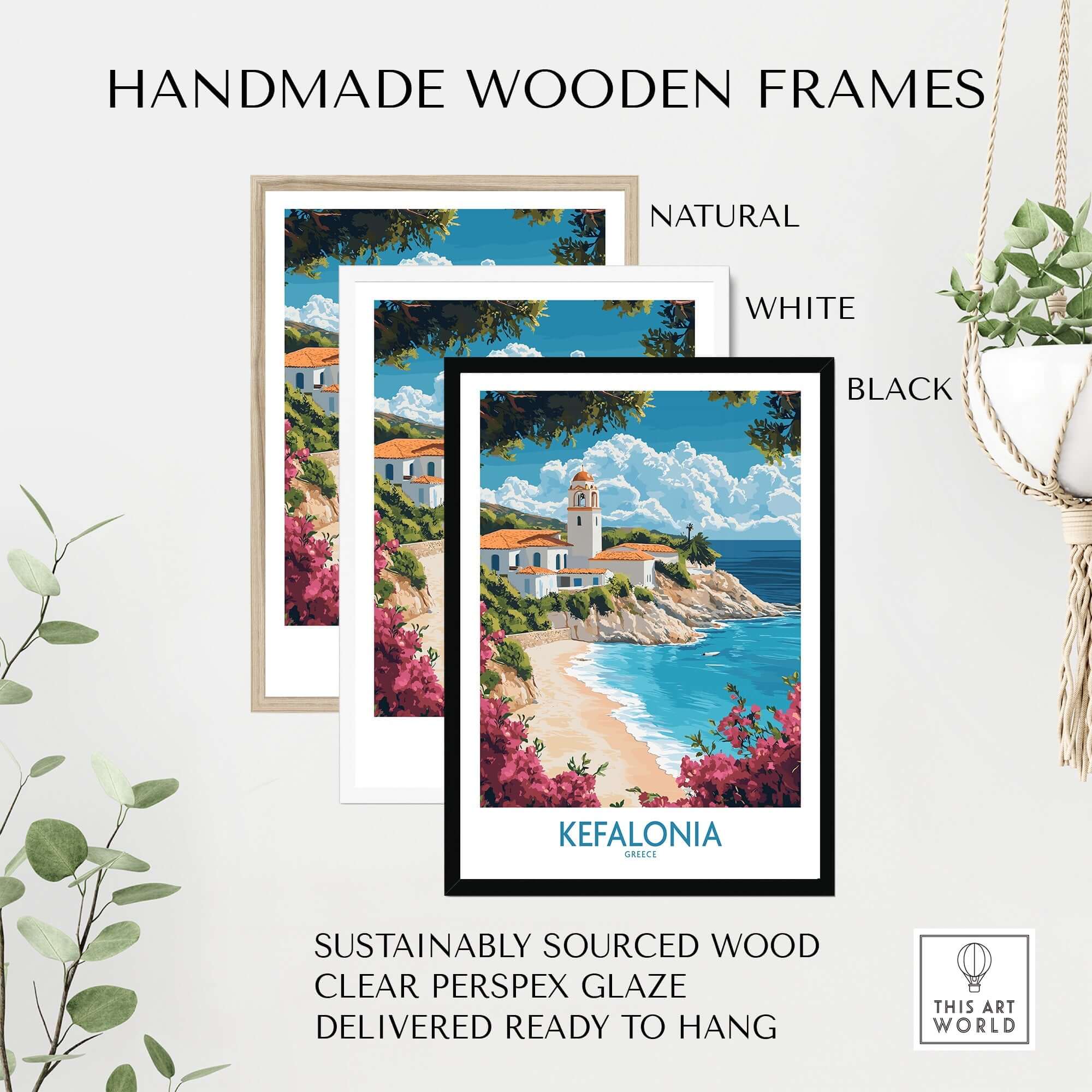Kefalonia Wall Art Poster displayed in natural, white, and black handmade wooden frames showcasing vibrant Mediterranean scenery.