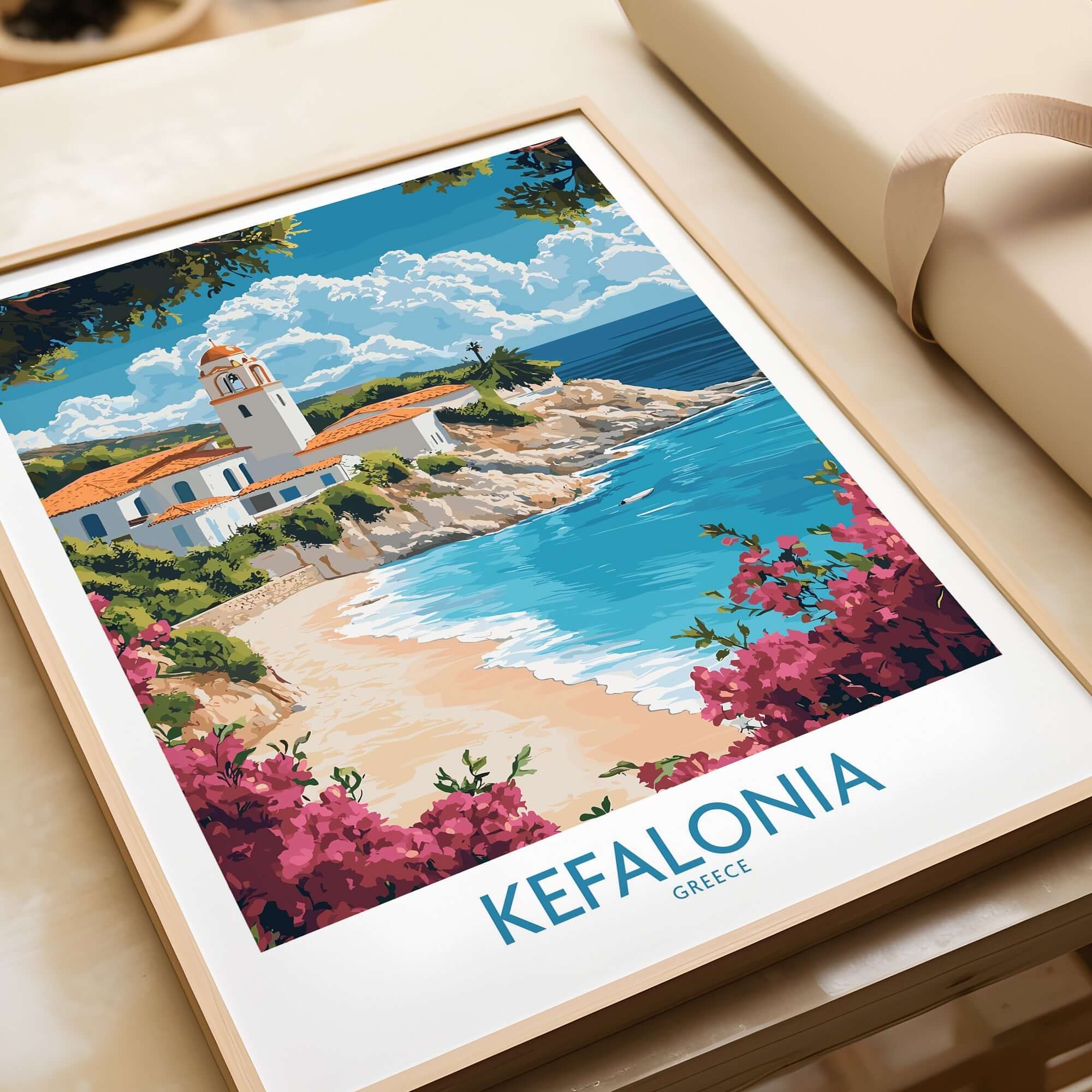 Kefalonia Wall Art Poster showcasing a vibrant beach scene in Greece with lush flowers and traditional architecture.