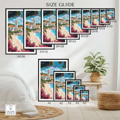 Kefalonia Wall Art Print size guide featuring various frame sizes and dimensions for home decor options.