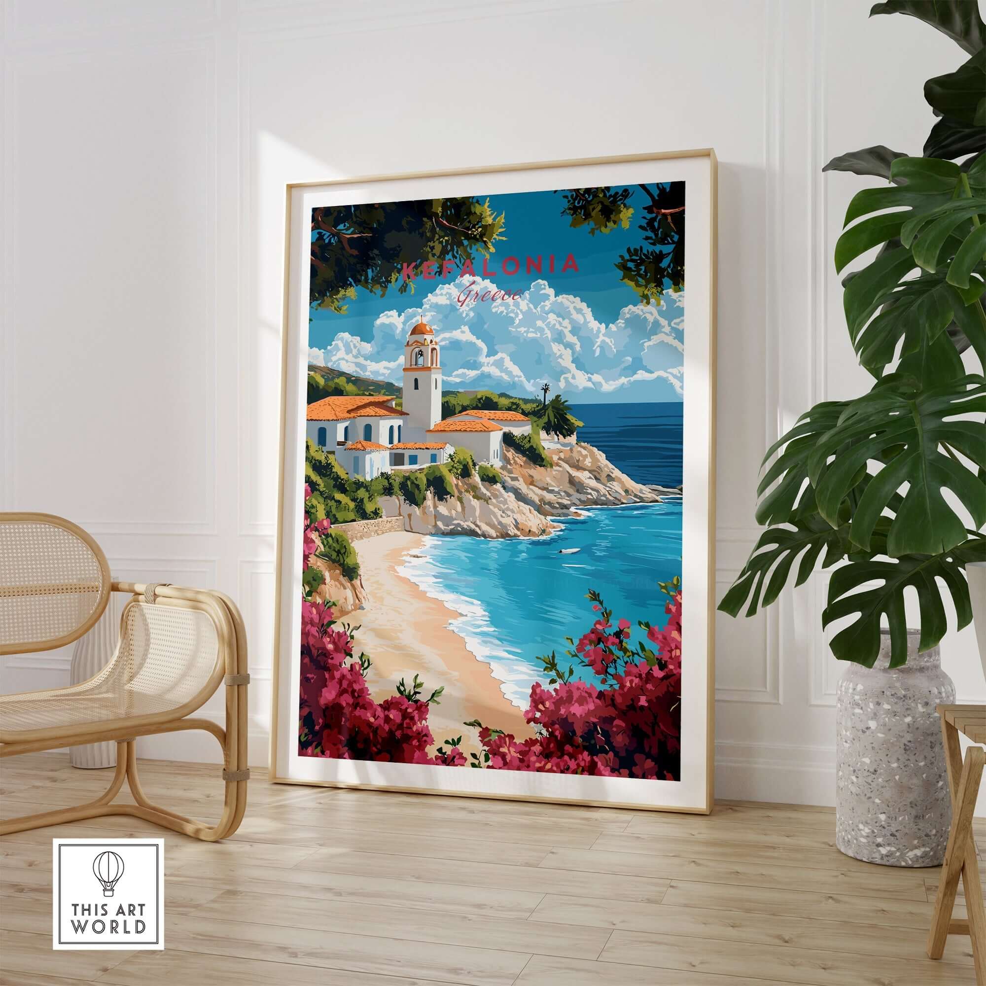 Kefalonia Wall Art Print showcasing a picturesque Greek beach scene with charming architecture and vibrant coastal colors.