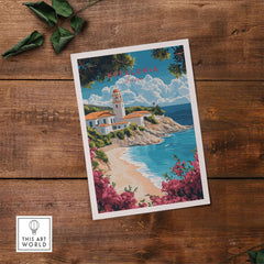 Kefalonia Wall Art Print featuring a picturesque beach scene with vibrant flowers and a charming building.