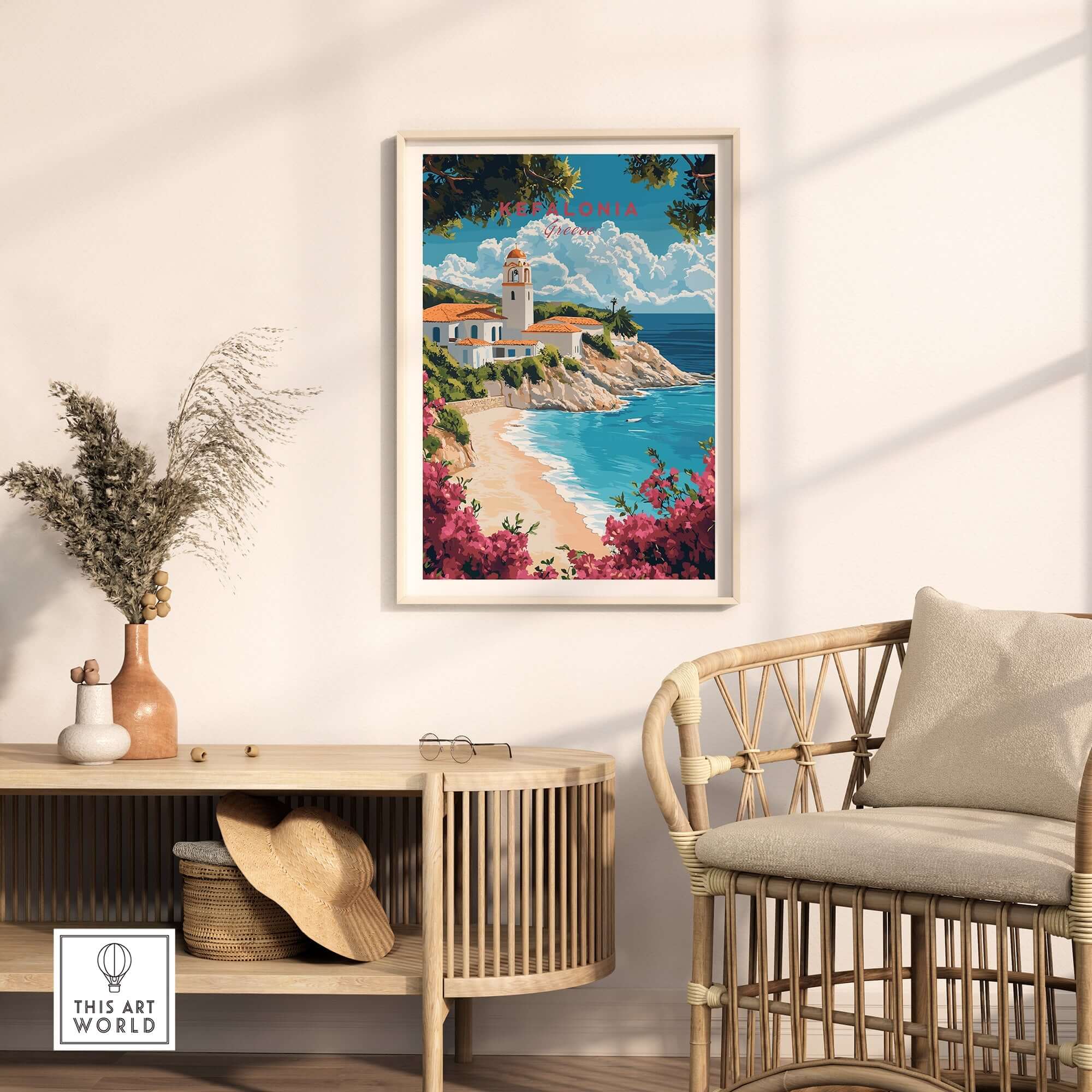 Kefalonia Wall Art Print showcasing a beautiful coastal scene with a lighthouse and vibrant flowers.