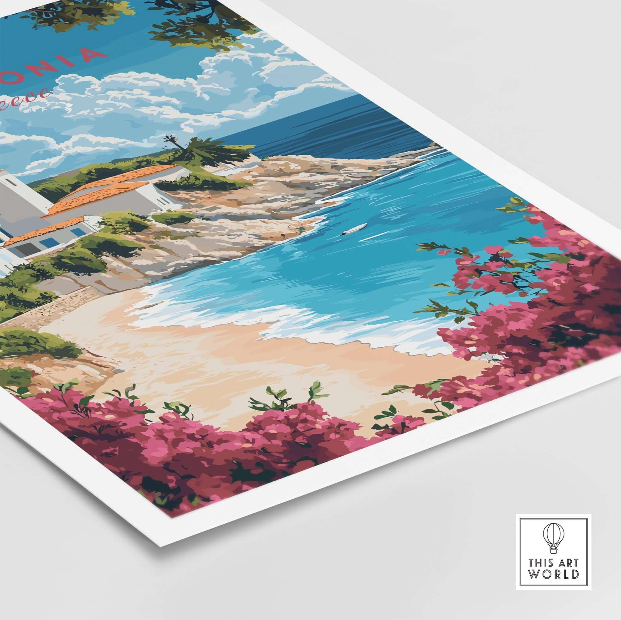Kefalonia Wall Art Print featuring a serene beach scene with vibrant flora and crystal-clear waters from the beautiful Greek island.