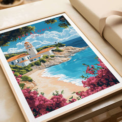 Kefalonia Wall Art Print showcasing a vibrant beach and charming village in Greece.