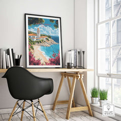 Kefalonia Wall Art Print displayed in a modern interior, showcasing Greek island's beauty and charm.
