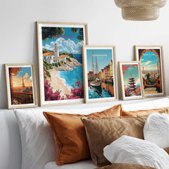 Kefalonia Wall Art Print showcasing Mediterranean landscapes in a stylish frame arrangement on a cozy bed.