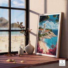 Kefalonia Wall Art Print showcasing a scenic beach view and charming villa, bringing Mediterranean charm to your home.