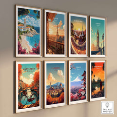 Kefalonia Wall Art Print showcasing beautiful travel poster designs from various cities.