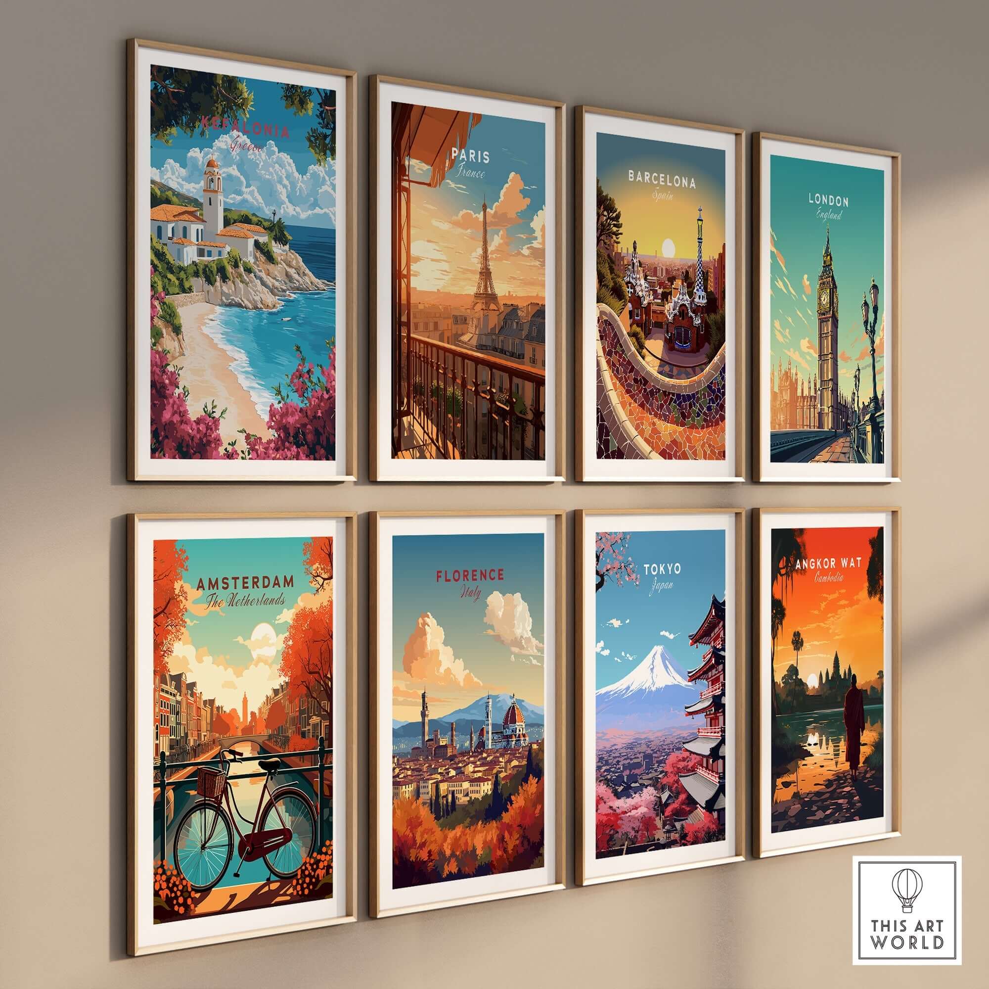 Kefalonia Wall Art Print showcasing beautiful travel poster designs from various cities.