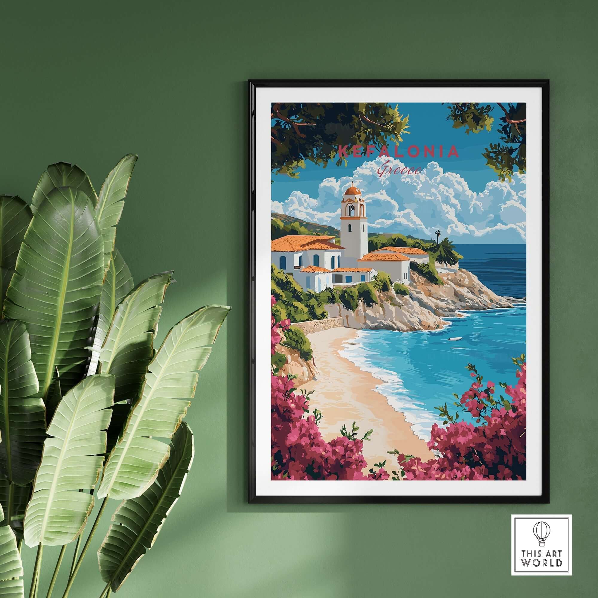 Kefalonia Wall Art Print showcasing a beautiful Greek coastal scene with vibrant flora and charming architecture.