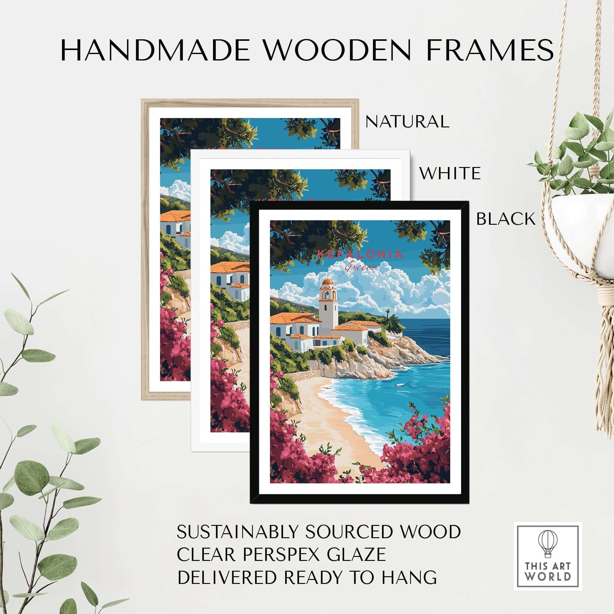 Kefalonia Wall Art Print displayed in handmade wooden frames, natural, white, and black options, perfect for home decor.