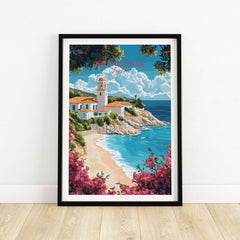 Kefalonia Wall Art Print showcasing a scenic beach with a charming village, perfect for Mediterranean-inspired decor.