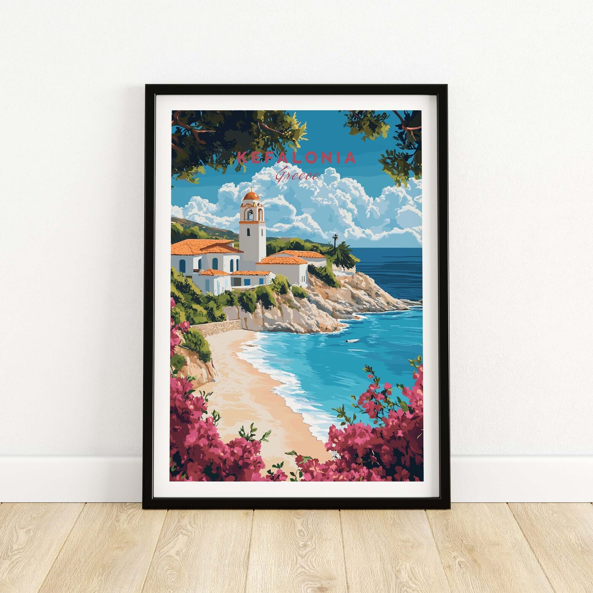 Kefalonia Wall Art Print showcasing a scenic beach with a charming village, perfect for Mediterranean-inspired decor.