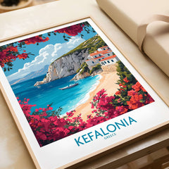Kefalonia Wall Art featuring a vibrant beach scene with colorful flowers and the text Kefalonia Greece.