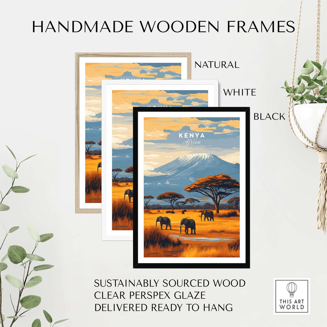 Handmade wooden frames in natural, white, and black for Kenya Elephant Safari art print, crafted from sustainable wood.